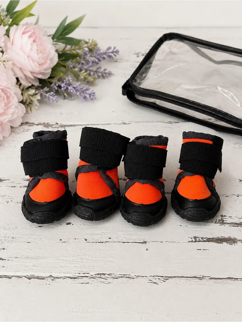 Waterproof Dog Boots Shoes Orange & Black Reflective Pet Booties Set of 4 NWOT